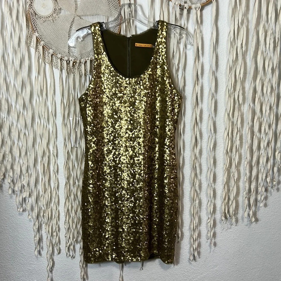 Alice + Olivia Chartreuse Green/Gold Sequin Dress Size Small - Picture 2 of 10